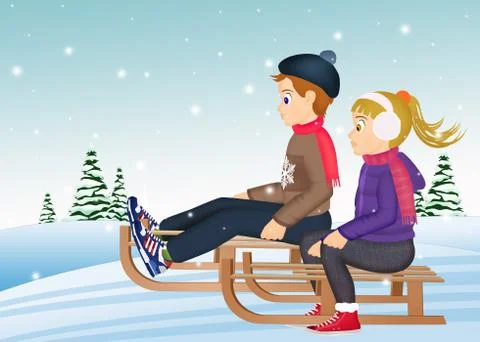 Children on sleigh in winter Stock Illustration