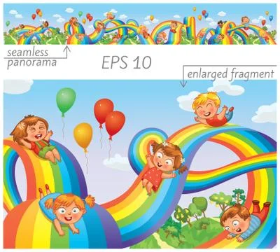 Children slide down on a rainbow. Roller coaster ride. Vector illustration. S 스톡 일러스트