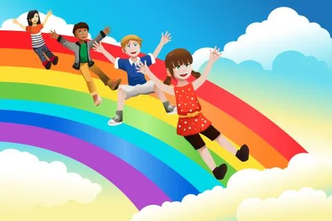 Children sliding down the rainbow Stock Illustration