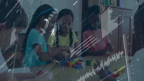 Children sorting blocks at classroom table, generating data overlays Stock Footage 310636980