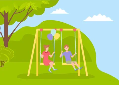 Children spending time at playground, kindergarten, kids have fun, girl with air Stock Illustration