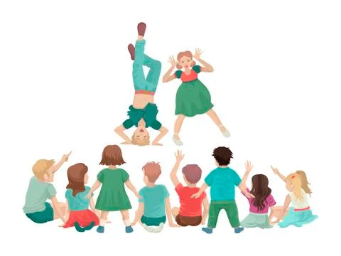 Children stand in front of a group of small students. Fun performance. Vector Illustrazione stock