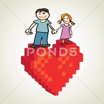 Children standing on the pixel heart - illustration Stock Illustration