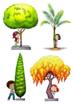 Children standing under different tree Stock Illustration
