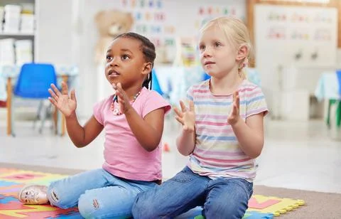 Children, students and applause for learning in school, celebration and support Stock Photos