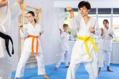 Children students repeat position and perform sequence of punches and painful Stock Photos