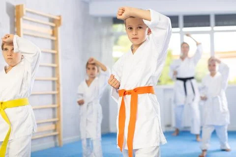 Children students repeat position and perform sequence of punches and painful Stock Photos