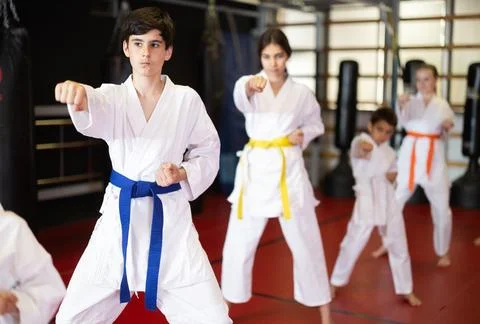 Children students repeat position and perform sequence of punches and painful Stock Photos