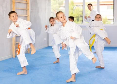 Children students repeat position and perform sequence of punches and painful Stock Photos