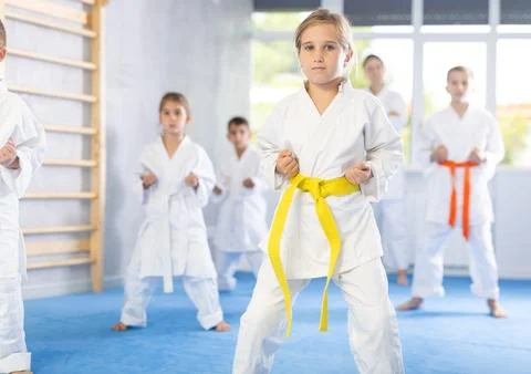 Children students repeat position and perform sequence of punches and painful Stock Photos