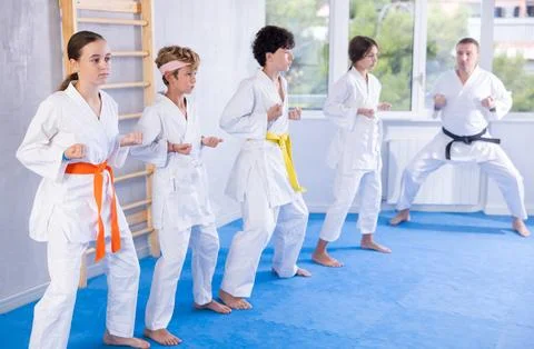 Children students repeat position and perform sequence of punches and painful Stock Photos