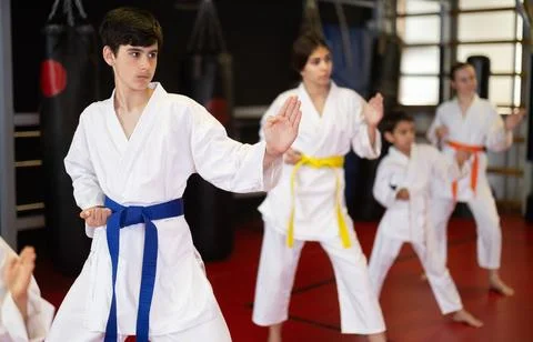 Children students repeat position and perform sequence of punches and painful Foto stock
