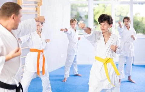 Children students repeat position and perform sequence of punches and painful Foto stock