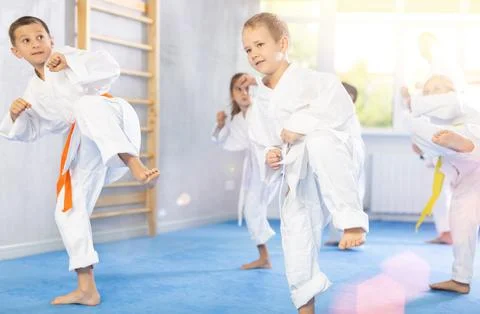 Children students repeat position and perform sequence of punches and painful Foto stock