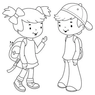 Children students with school backpacks. Vector black and white coloring page. Stock Illustration