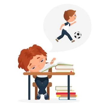 Children study hard, education problem of bored kid, tired boy sitting at school Stock Illustration