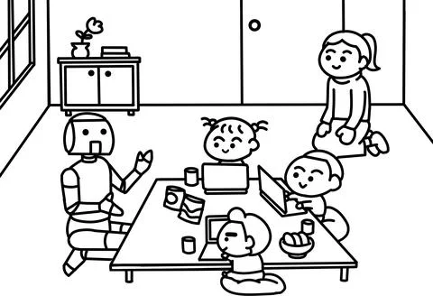 Children study with robot coloring pages style. Stock Illustration