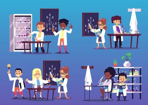 Children study science in laboratory flat vector illustration isolated. 스톡 일러스트
