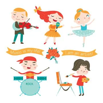 Children studying arts . Vector collection isolated on a white background. Stock Illustration