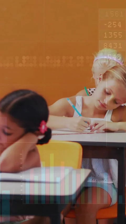 Children studying in classroom with data processing animation over them Stock Footage 319416050
