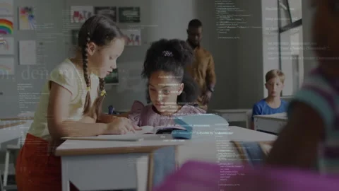 Children studying in classroom with programming code animation over them Stock Footage 303685188