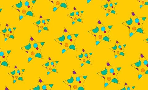 Children summer print pattern with bright colored stars on a yellow backgroun Stock Illustration