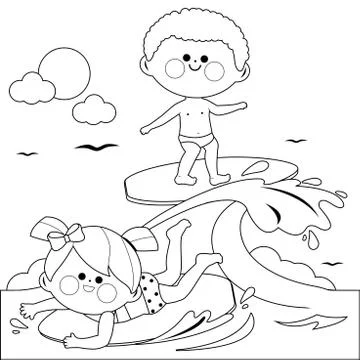Children surfing on a wave in the sea. Vector black and white coloring page Stock Illustration