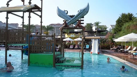 Children swimming pool slides area Stock Footage 157449044