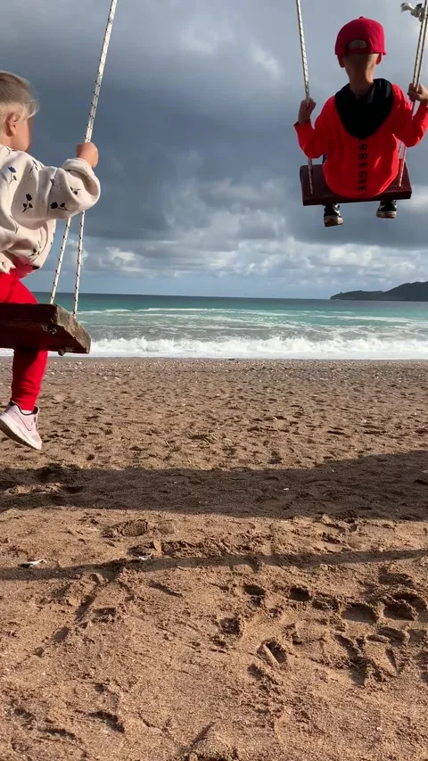 Children on a swing on the seashore Stock Footage 234492112