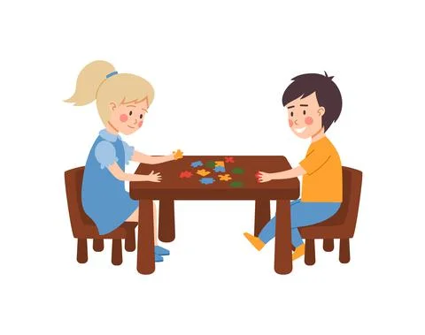 Children at table playing puzzle game, flat vector illustration isolated. Illustrazione stock