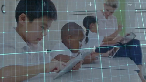 Children tapping tablets after teacher demonstrating gesture for classroom Видео 314175048