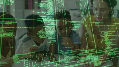Children tapping touch-screen device revealing green code while teacher guiding Stock Footage 316185699