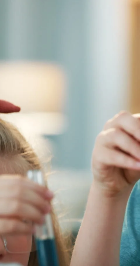Children, test tubes and science experiment in home with chemistry, bonding or Stock Footage 336740558