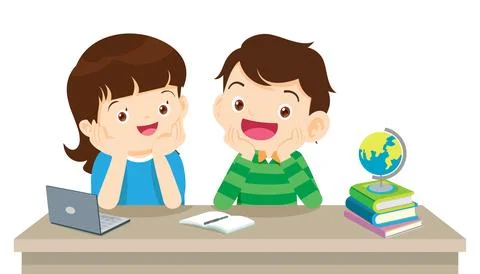 Children thinking sitting and rest chin in hands イラスト素材