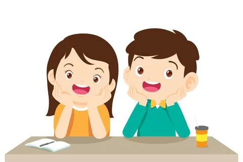 Children thinking sitting and rest chin in hands Illustrazione stock