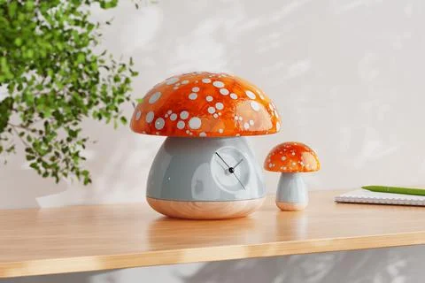 Children Toy Clock in a Shape of Red Fly Agaric Mushrooms. 3d Rendering Stock Illustration