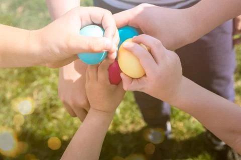 Children Traditionally Celebrate Easter. Easter eggs. Background Stock Photos
