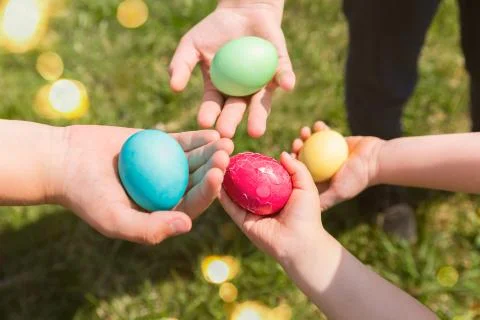Children Traditionally Celebrate Easter. Easter eggs. Background Stock Photos