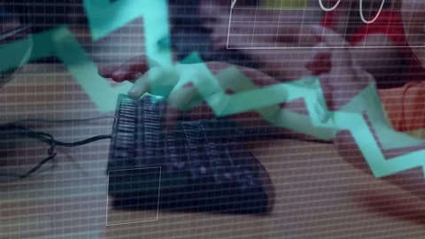 Children typing at lab keyboards, launching teal graphs, binary HUD and percent Stock Footage 334703105