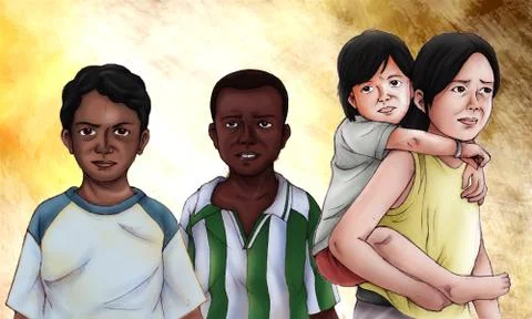 Children from Under Development and Development Countries Digital Illustration Stock Illustration
