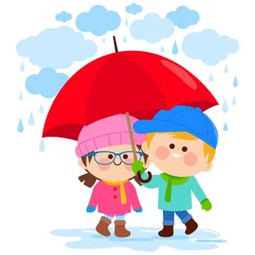 Children under an umbrella in the rain. Vector illustration Stock Illustration