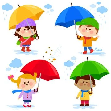 Children under umbrellas in the rain. Vector illustration Stock Illustration