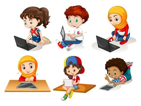 Children using computer and tablet Stock Illustration
