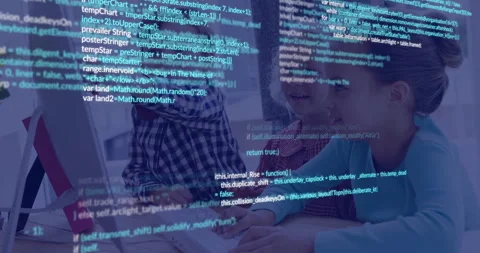 Children using computer with programming code animation over screen Stock Footage 306637261