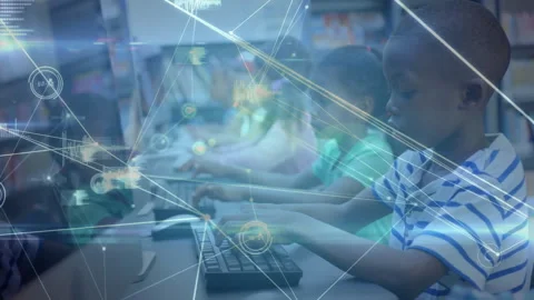 Children using computers with data network animation overlay in classroom Stock Footage 306200105