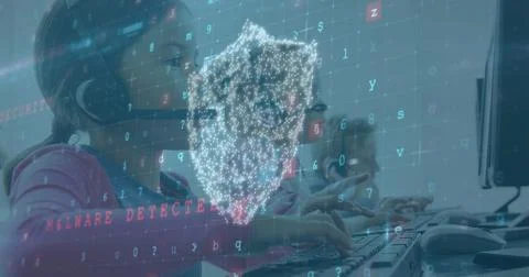 Children using computers with headset, digital security interface overlaying Illustrazione stock