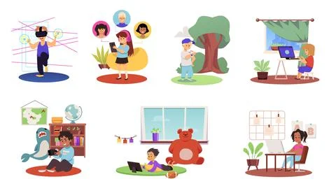 Children using gadgets, tablet device, smartphone and virtual reality glasses Stock Illustration