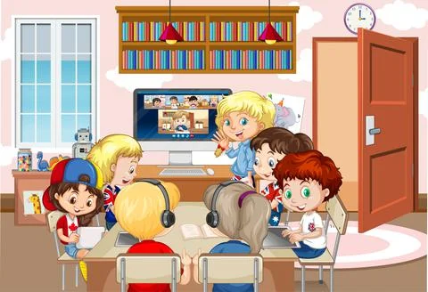 Children using laptop for communicate video conference with teacher and frien Illustrazione stock
