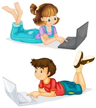 Children using laptop on white background イラスト素材
