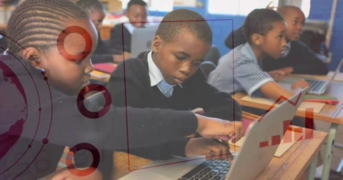Children using laptops in classroom, binary coding and data processing animation Stock Footage 328015776